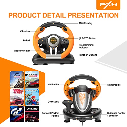 PXN Racing Wheel Gaming Steering Wheel for PC, V3II 180 Degree Driving