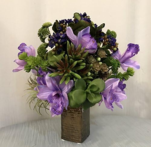 Artificial Kalanchoe, Cymbidium Orchid and Assorted Succulent Arrangement in Weave Textured Bronze Ceramic Vase, Purple and Green Color Centerpiece, Home Office Indoor Decor Plant.