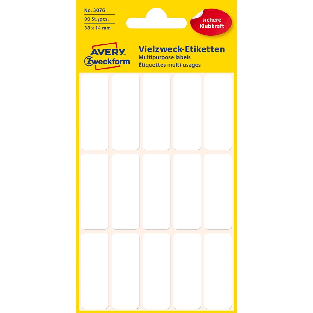 AVERY Zweckform 3076 Household Labels Self-Adhesive 38 x 14 mm 90 Stickers on 6 Sheets Multi-Purpose Labels for Home, School and Office for Labelling and Marking Blank White