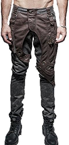 Men's Patchwork Leather Pocket Punk Style Personalized Pants Casual Gothic Bullet Patchwork Skinny Trousers with Bag K-241