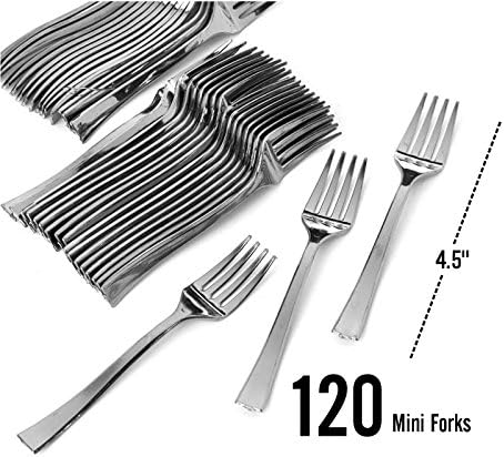 120pc Premium Silver Mini Plastic Forks for Appetizers 4.5'' For Tastings and Desserts Party Birthday Wedding