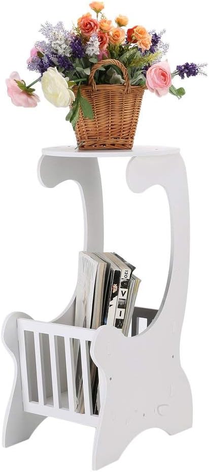 KATHER Wooden Round Coffee Table with Magazine Rack, End Side Table Corner Lamp Stand White