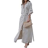 Linen Dress,Women's Long Sleeve Button Down Shirt Dress,Flowy Casual Tunic Shift Slit Maxi Shirt with Pockets