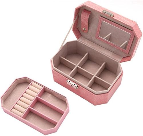 Fyore Lockable Leather Jewellery Box 2 Layer with Mirror Anti Tarnish Velvet Organizer Storage for Women 21x14x9cm (Pink)