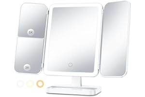 Axyra Makeup Mirror with 78 LED Lights, Rechargeable Tri-Fold Lighted Vanity Mirror, 3 Dimmable Color Lighting Modes, 1X 3X 5X Magnification, Touch Control, Lighted Makeup Mirror, Gift for Women