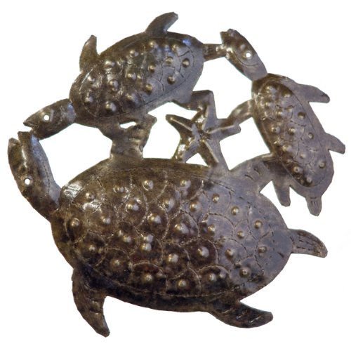 Le Primitif Galleries Haitian Recycled Steel Oil Drum Outdoor Decor, 10 by 10-Inch, Three Turtles