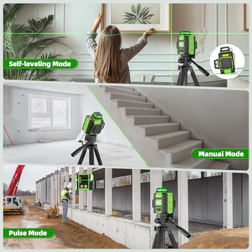 Huepar Green Laser Level 3×360° Self-Leveling with Rechargeable Li-ion Battery, 30-60m Cross Line Laser with Pulse Mode, Magnetic Base - Precision Pro for Construction & DIY