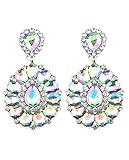 Women's Evening Gala Bridal Prom Wedding Clip On Earrings - Majestic Aurora Borealis Teardrop Gem in Silver-Tone