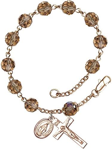 14k Yellow Gold Filled Rosary Bracelet 8mm November Yellow Swarovski Capped Our Father Aurora Borealis Crucifix 7/8 x 3/8