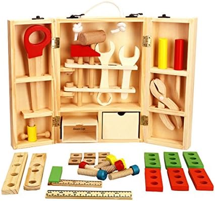 Solid Wood Kids DIY Tool Box with Colorful Wooden Tools Kids Play Tools Construction Toolbox Toy Educational Toys Carpenter Role Play Set for Toddlers (36 PCs)