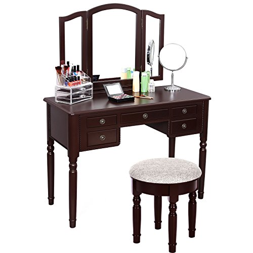 SONGMICS Vanity Set Tri-folding Mirror Make-up Dressing Table Cushioned Stool 5 Drawers Brown URDT108Z