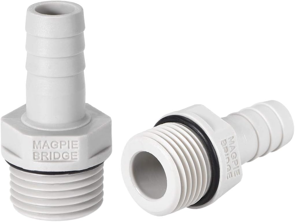 sourcing map PVC Barb Hose Fitting Connector Adapter 12mm or 15/32" Barbed x 1/2" G Male Pipe 2pcs, Grey, 15/32" x G1/2