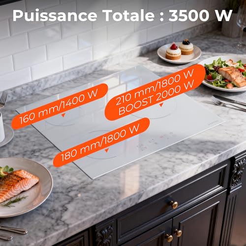 Karinear 3-Burner Induction Hob, White Induction Hob with Socket, Built-in Induction Hob, Touch Control, Boost, Safety Lock, Timer, 3500W, 220V