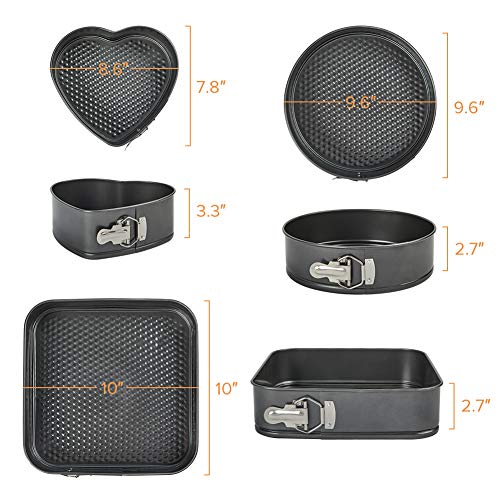 Turbo Bee Springform Pan Set, 3pcs Nonstick Cake Pan Set With 8.6" Heart-Shaped, 9.6" Round, 10" Square Cake Pan, Bakeware Cheesecake Pans with 50 PCS Parchment Paper Liners and Detachable Bottom