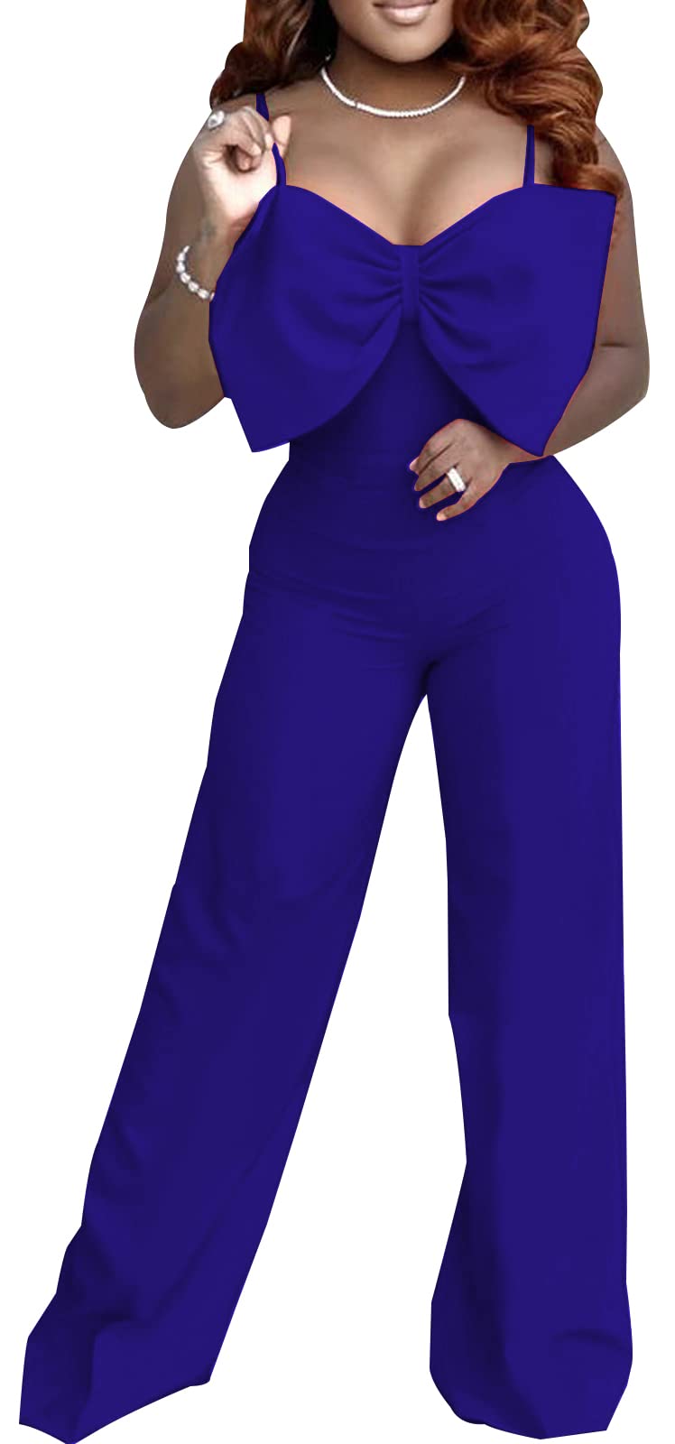 Photo 1 of CuteCherry Women's Jumpsuits Elegant Bow-Knot Neckless Blue Sleeveless Sexy Straight Long Pants Business Rompers In Summer