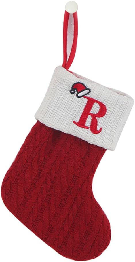 Stockings & Holders - OJCHRLKF 7 Inches Mini Cute Initial Monogram Embroidered Christmas Stocking Knitted Christmas Decorations Stocking Red,White,Green Knit Mini Stocking Christmas Decorations-58-R-Red
