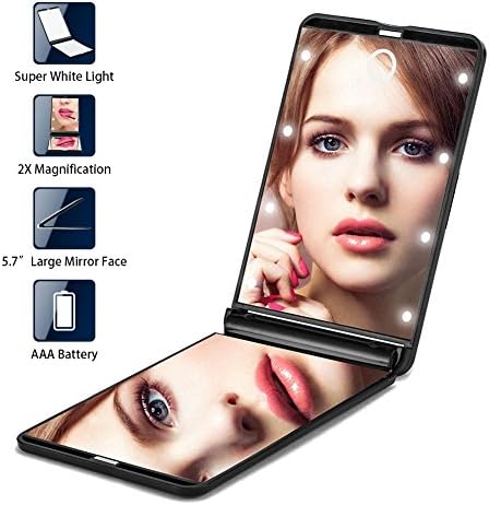 Makeup Vanity Mirror With LED Lights, Touch Screen Control 2X Magnification Mirror Tabletop Makeup Mirror Portable Cosmetic Lighted Travel Mirror (Black Mirror)