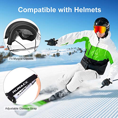 RUNACC Ski Snowboard Snow Goggles Magnet Layers Lens Over Glasses, Anti-Fog 100% UV400 Protection for Men & Women (Red)