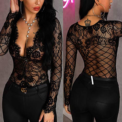Carolilly-Body-Donna-in-Pizzo-Sexy-Elegante-Lingerie-Sexy-Nero-Tuta-da-Donna-Manica-Lunga-con-Scollo-a-V-Profondo-Pagliaccetto-Trasparente-Babydoll-Donna
