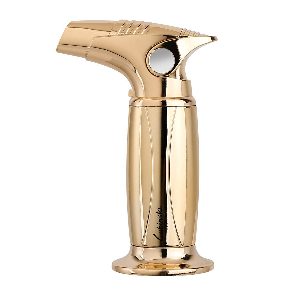 LUBINSKI Cigar Lighter Windproof Single Torch Jet Blue Flame Butane Refillable Cigarette Lighter for Cigar Cooking BBQ Topsense (Gold)