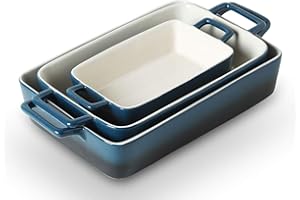 KOOV Bakeware Set, Ceramic Baking Dish, Rectangular Baking Pans Set, Casserole Dish for Cooking, Cake Dinner, Kitchen, Wrapping Upgrade, 12 x 8.5 Inches, 3-Piece (Gradient Blue)