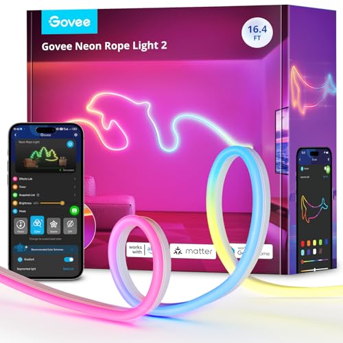 Govee Neon Rope Light 2, RGBIC Neon LED Strip Lights with Shape Mapping, Work with Matter, Alexa and Google Assistant, Neon Light for Wall Decor, 5m