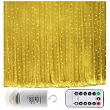 Battery Operated 300 LED Curtain String lights w/ Remote & Timer, Outdoor Curtain Icicle Wall Lights For Wedding Backdrops, Christmas, Holiday, Camping Decoration (9.8×9.8ft, Dimmable, Warm White)