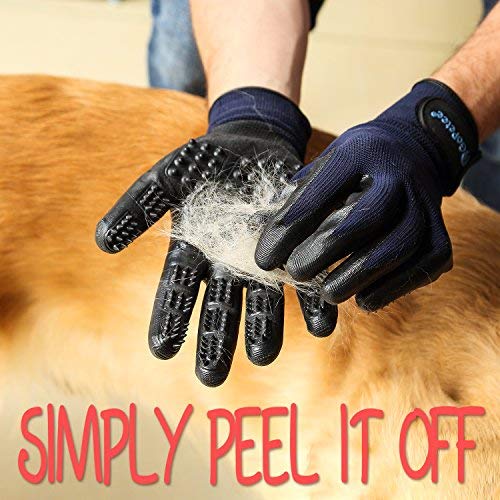 GoPetee Pet Dog Grooming Glove 2 in 1 Cat Horse Hair Removal Massage Mitt Rubber Brush with Flexible Five Finger Design for Shedding Bathing Long and Short FurLong Short Fur (1 Pair) …