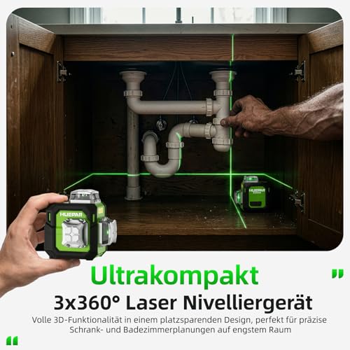 Huepar Kreuzlinienlaser 360 grün, Kompakt wiederaufladbar Laser Wasserwaage mit 152 cm Stativ, Professioneller 3D-Nivelliergerät mit starker Magnethalterung für Bauarbeiten ST03CG