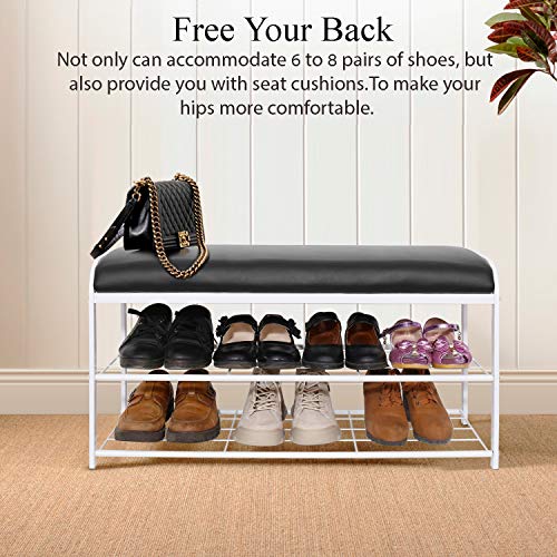 WillingHeart Shoe Bench Rack Entryway with Faux Leather Seat Holds Up to 400Lb,2 Tiers Iron Storage Organizer Shoe Shelf Industrial Stand End Bed Stool for Hallway Bedroom Living Room Corridor Mudroom