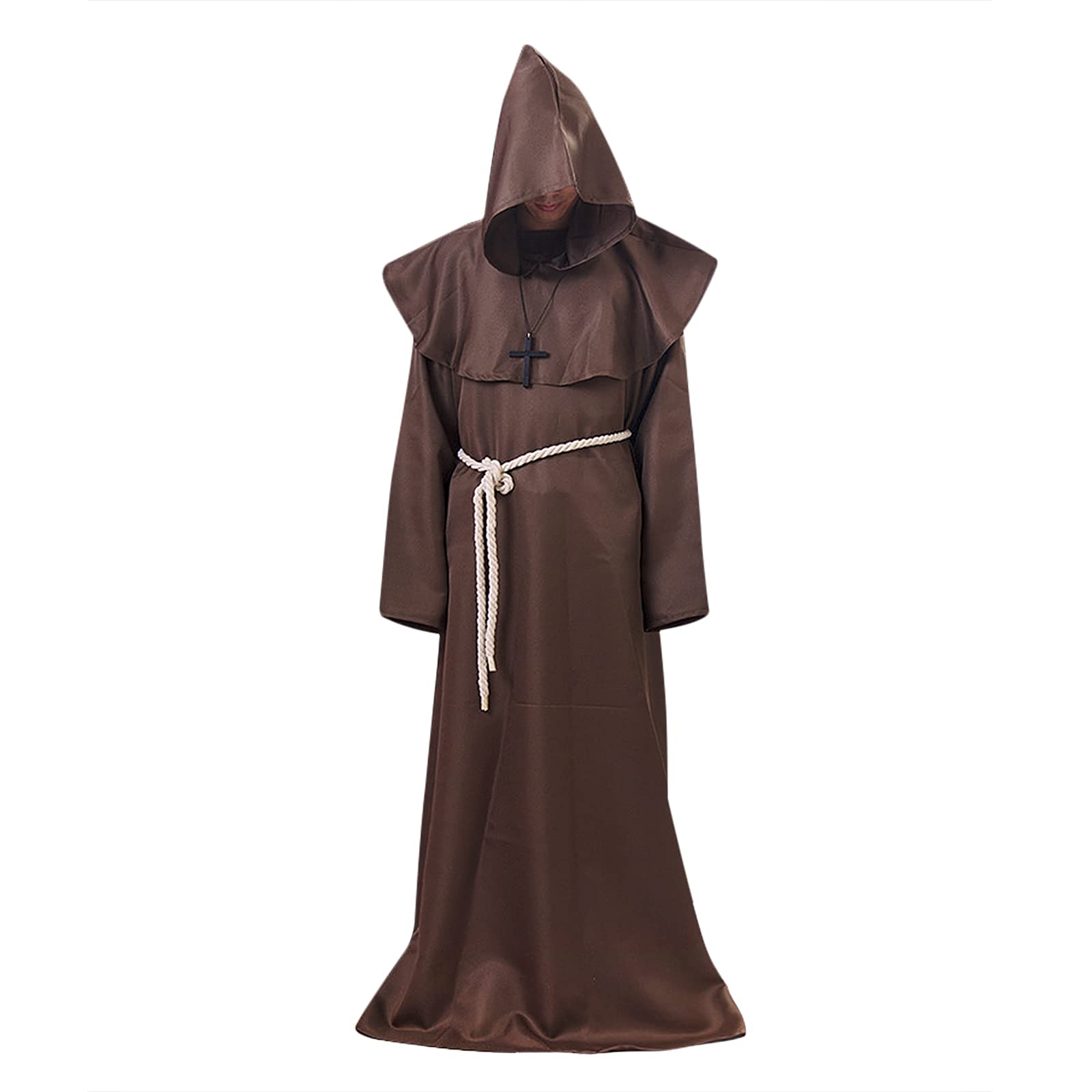 Moonlove Adult Monk Costume Medieval Outfit with Hooded Priest Friar Mystic Robe Halloween Cosplay Costume Vintage Renaissannce Clothes for Men Fancy Dress Brown Black