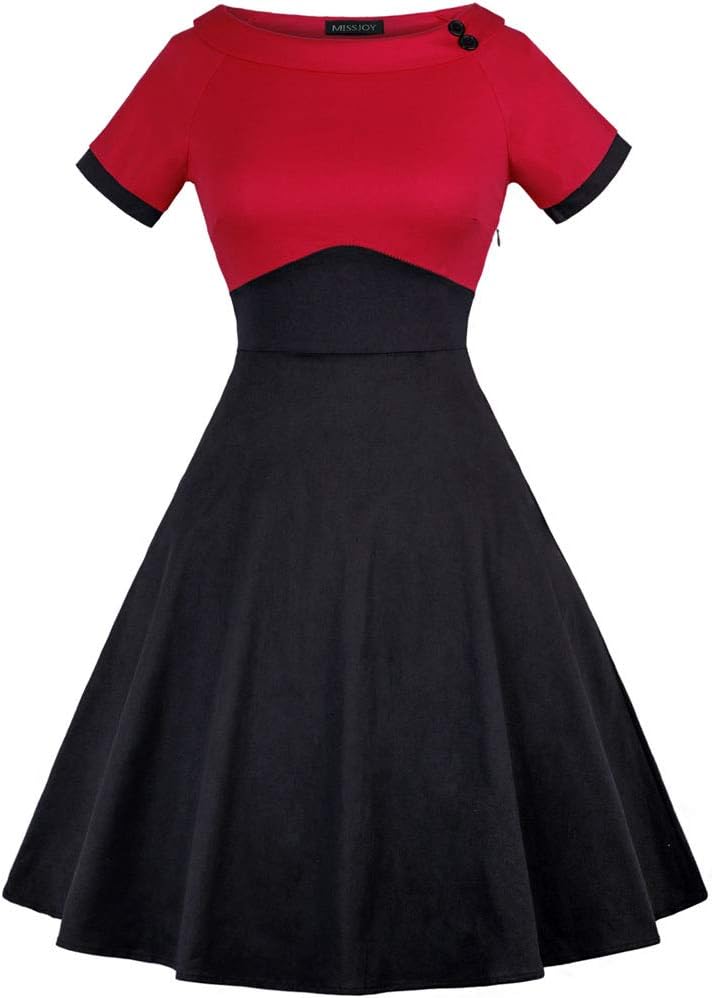 OLADY Women's Vintage 1950s Polka Dots Patchwok A-line Short Sleeve Cocktail Swing Dress,RedBlack,XX-Large