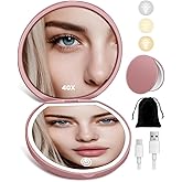 Magnifying Mirror, Rechargeable Compact Makeup Mirror with Light 40X Rose | 3 Lighting Modes &amp; Dimmable Brightness, Essentials for Travel, Pocket, Purse, Handheld, Small, Tweezers, Travel Pouch 750mAh