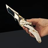PEXYLUN Delta Force Mercy Knife Replica with Free Display Stand, Ivory White Rose Gold Folding Game Knife Model, Alloy Tactical Prop, Non-Sharp Blade Collectible Gift for Gamers