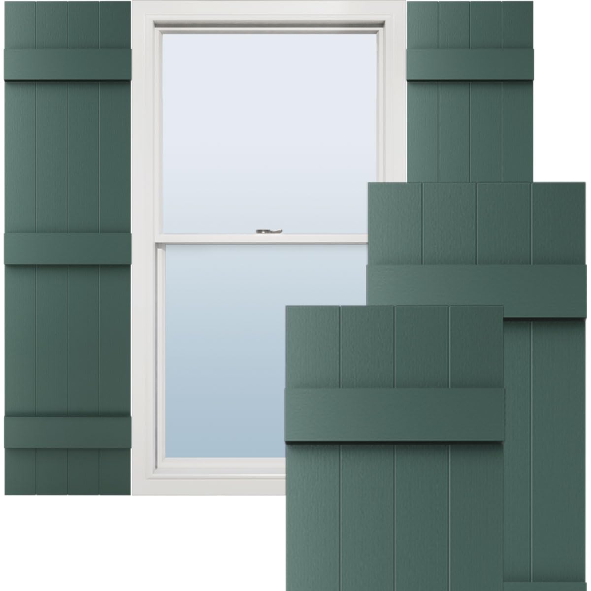 Photo 1 of 14"W x 59"H Lifetime Vinyl, Standard Four Board Joined, Board-n-Batten Shutters, w/Installation Shutter-Lok's & Matching Screws (Per Pair), Forest Green