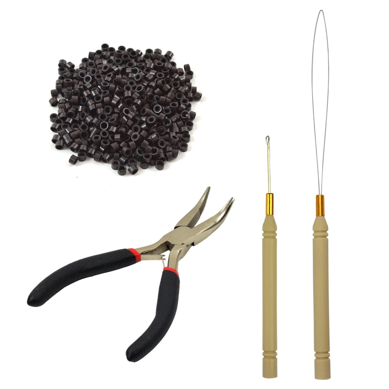 Hair Extensions Pliers Tool Kit Hair Pliers Pulling Hook Bead Device Loop Threader and 500pcs 5.0mm Silicone Lined Micro Rings (Dark Brown)