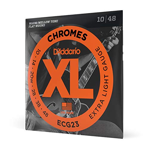 D'Addario ECG23 XL Chromes Flat Wound Electric Guitar Strings, Extra Light Gauge, 10-48 (1 Set) - Ribbon Wound and Polished for Ultra-Smooth Feel and Warm, Mellow Tone - Sealed Pouch Prevents Corrosion
