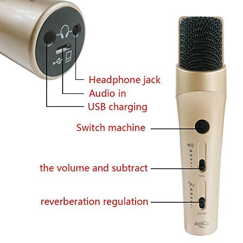 DIYTOO S102 Pro Karaoke Dynamic Microphone for Mobile Phone Broadcast Recording Vocal Microphone Plug and Play With Reverb ECHO Function Desktop Tripod Stand Holder Clip (Gold)