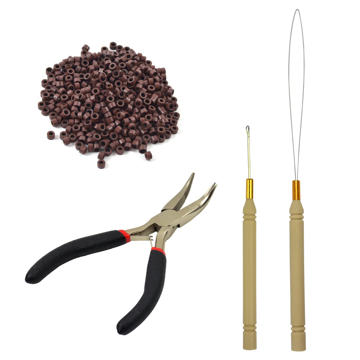 YTBYT Hair Extensions Pliers Tool Kit Hair Pliers Pulling Hook Bead Device Loop Threader and 500pcs 5.0mm Silicone Lined Micro Rings (Brown) — image 1