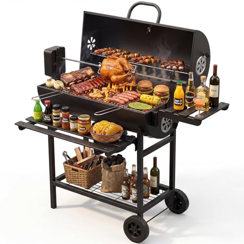 Asador de Carbon Portatil Tenedor automático para barbacoa,Asadores Parrilla de Carne Carbon con Mesa Frontal Lateral para Especia Alimento Accesorios para Asador,Empotrable Parrilla para Asar 2 Capas