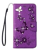 Samsung Galaxy Note 8 Case, ARSUE Shock Absorbing Premium Soft Flip Folio [Kickstand Feature] PU Leather Wallet Butterfly Flower Case with ID&Credit Card Pockets for Samsung Galaxy Note 8,Purple/Bling