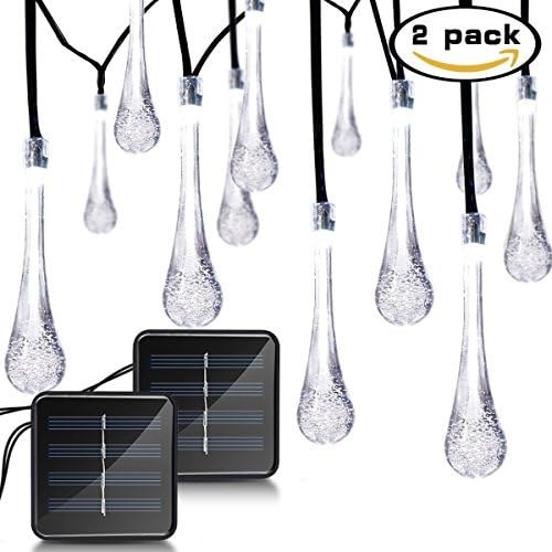 Solar Outdoor String Light 30LED 20ft Water Drop Fairy String Lights Waterproof Solar Powered Christmas Raindrop Decoration Light for Halloween Patio Garden Home Tree Party Thanksgiving, 2-PACK(White)