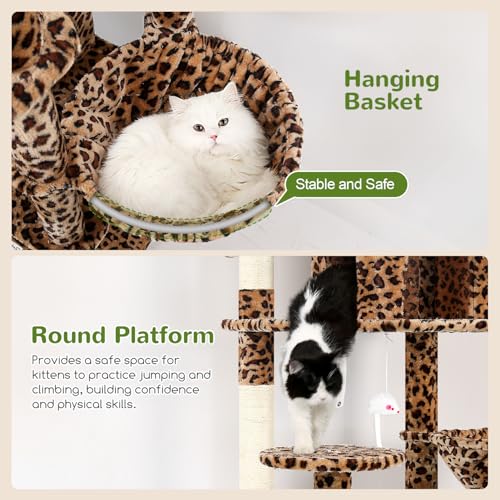 Globlazer Leopard Cat Tree XXL 209 cm with 3 Padded Perches, 2 Niches, Large Platforms, 2 Baskets, Plush Toys, Huge, Stable Cat Trees for 3-5 Cats Indoor (F82, Leopard)