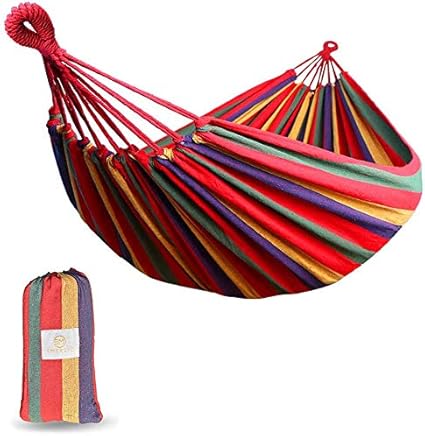 Horeto Com 2 Person Cotton Canvas Hammock 450lbs Portable Camping Hammock With Carrying Bag Two Anti Roll Balance Beam Metal Carabiner Ropes And Tree Straps For Travel Patio Garden Colel Double Hammock Blue
