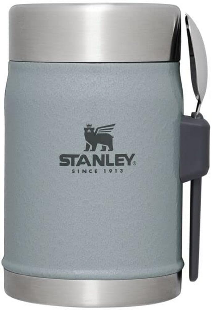 Photo 1 of Stanley Classic Food Jar and Spork 14 oz | Vacuum Insulated Thermos Food Container | Wide Mouth Screw On Lid | Packable for Travel | Stainless Steel with Leakproof Lid | BPA-Free | Hammertone Silver