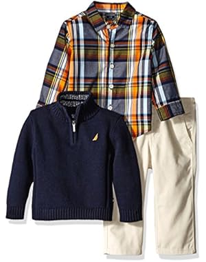 Nautica Baby Three Piece Set with Woven, Quarter Zip Sweater, Flat Front Twill Pants, Sport Navy, 18 Months