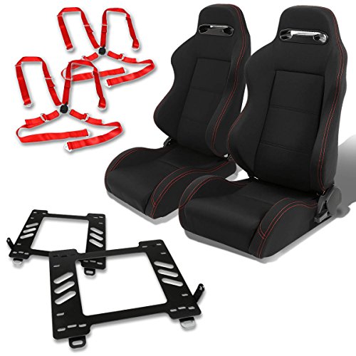 For Mazda Miata MX5 NB Pair of Type-R Racing Seats (Black)+Seat Bracket+4-Point Camlock Red Belt