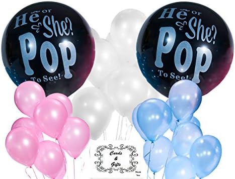 Baby Boy &amp; Girl Gender Reveal Party Pack &amp; Balloon Kit - TWO Black 36 Inch Balloons 1 with Blue Confetti 1 with Pink Confetti, Colorful 30 Pack of Balloons, 5x7 Tabletop Sign, Plus Game (Blue &amp; Pink)