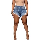 PINSV Women's High Waisted Crossover Jean Shorts Ripped Hem Raw Denim Shorts