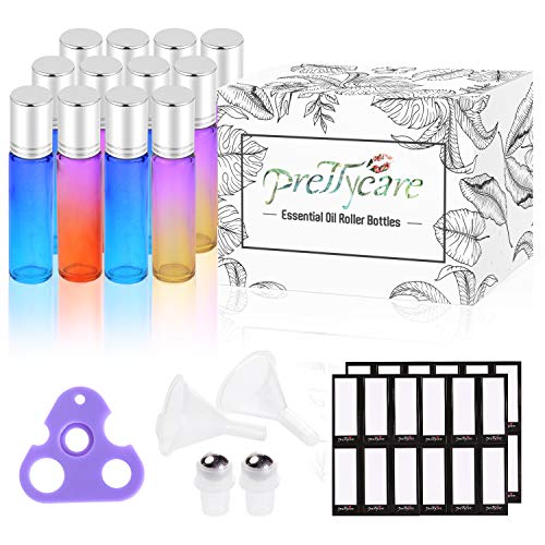 Essential Oil Roller Bottles 10ml by PrettyCare (12 Pack Rainbow Glass, Silver Cap, 24 Labels, 2 Extra Roller Balls, Opener, 2 Funnels) Roller Balls for Essential Oils, Roll on Bottles